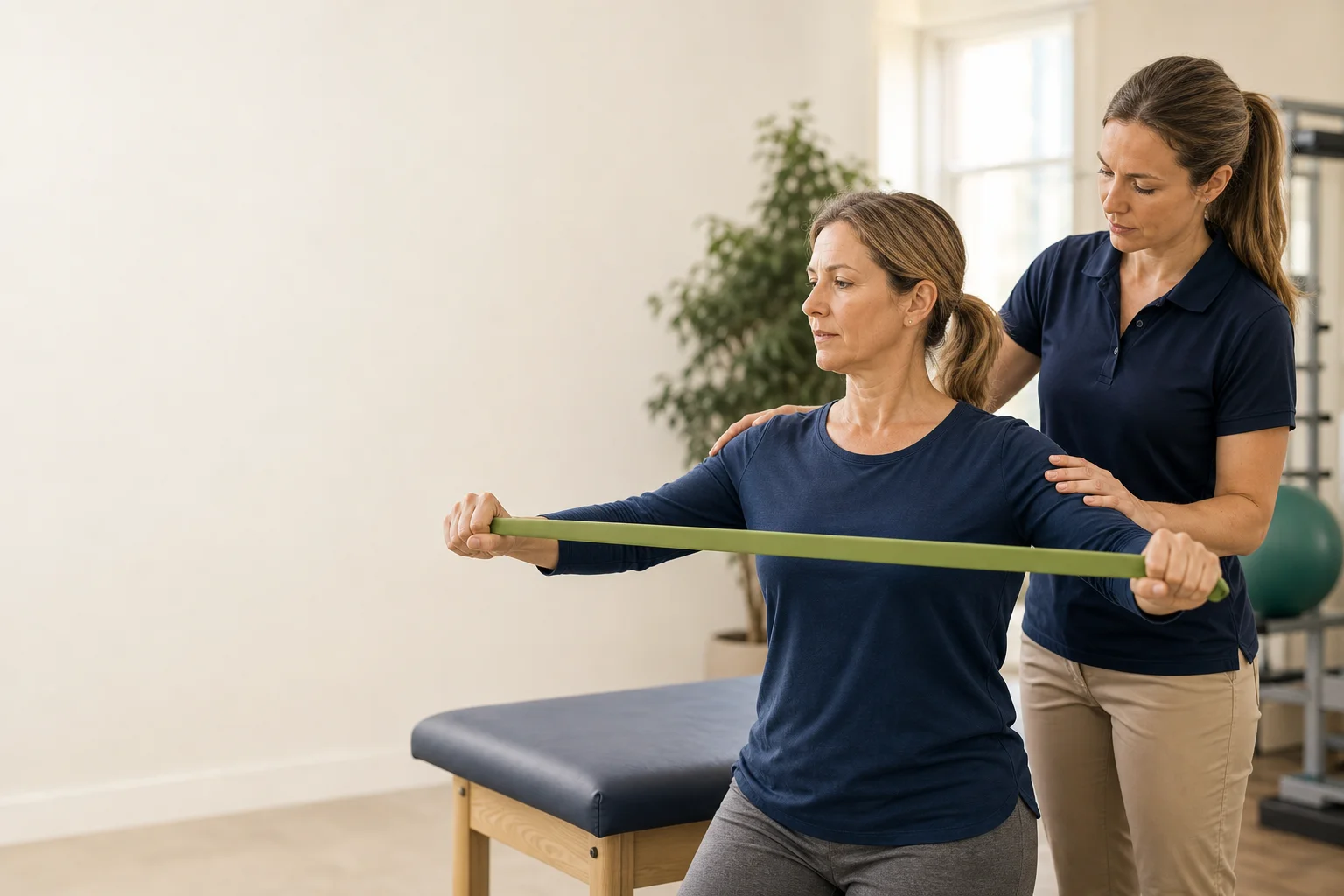 Physical therapist guiding a patient through a resistance-band shoulder exercise beside a treatment table