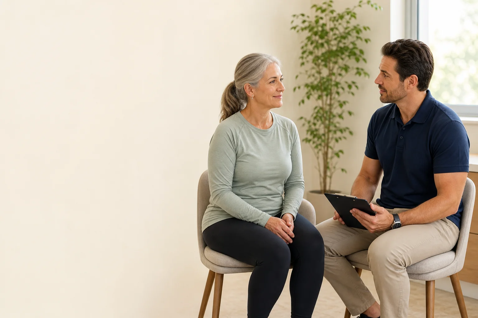 Practitioner in a supportive one-on-one weight loss consultation with a patient in a bright room