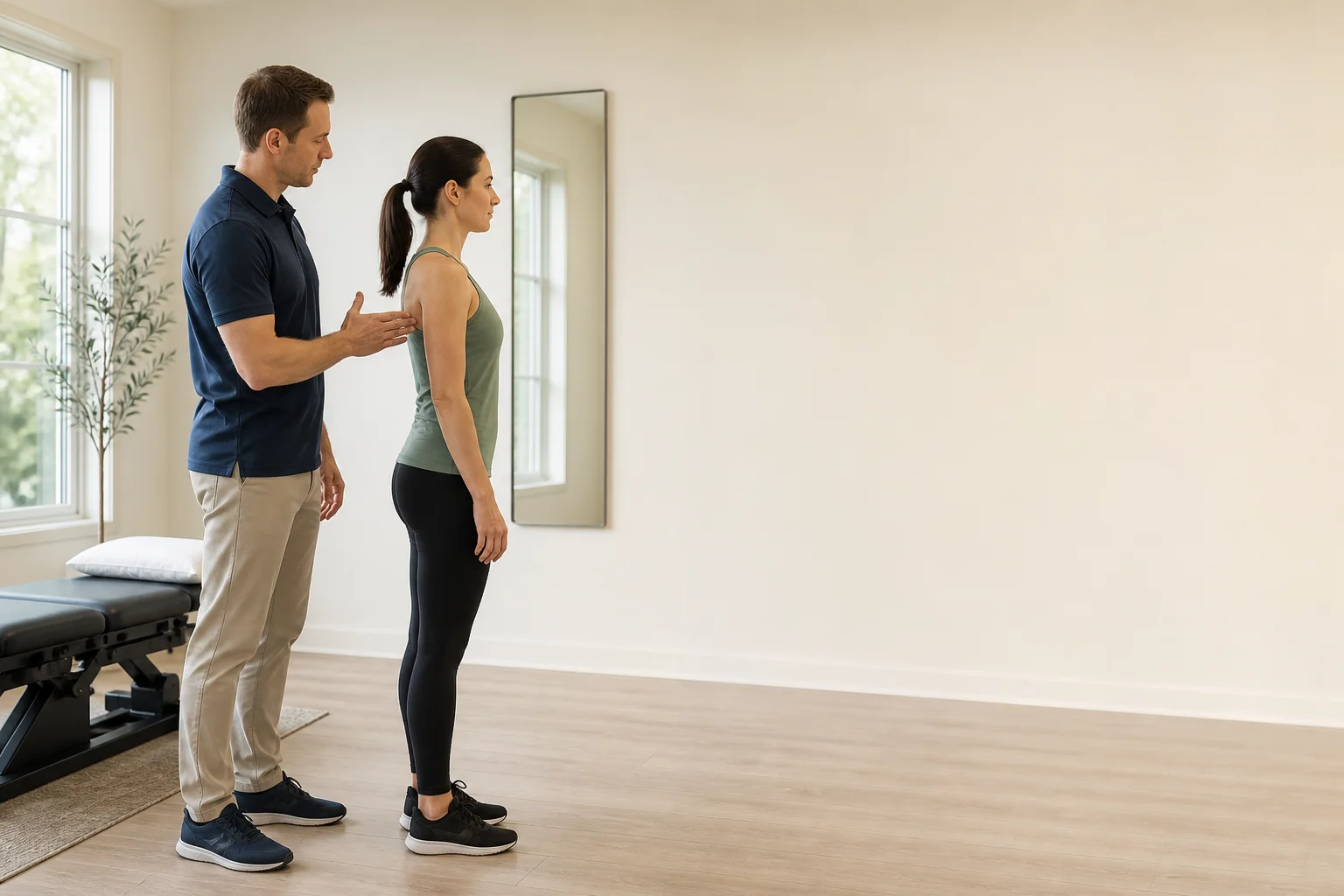 Clinician observing a standing patient’s upright posture from the side in a clinic room