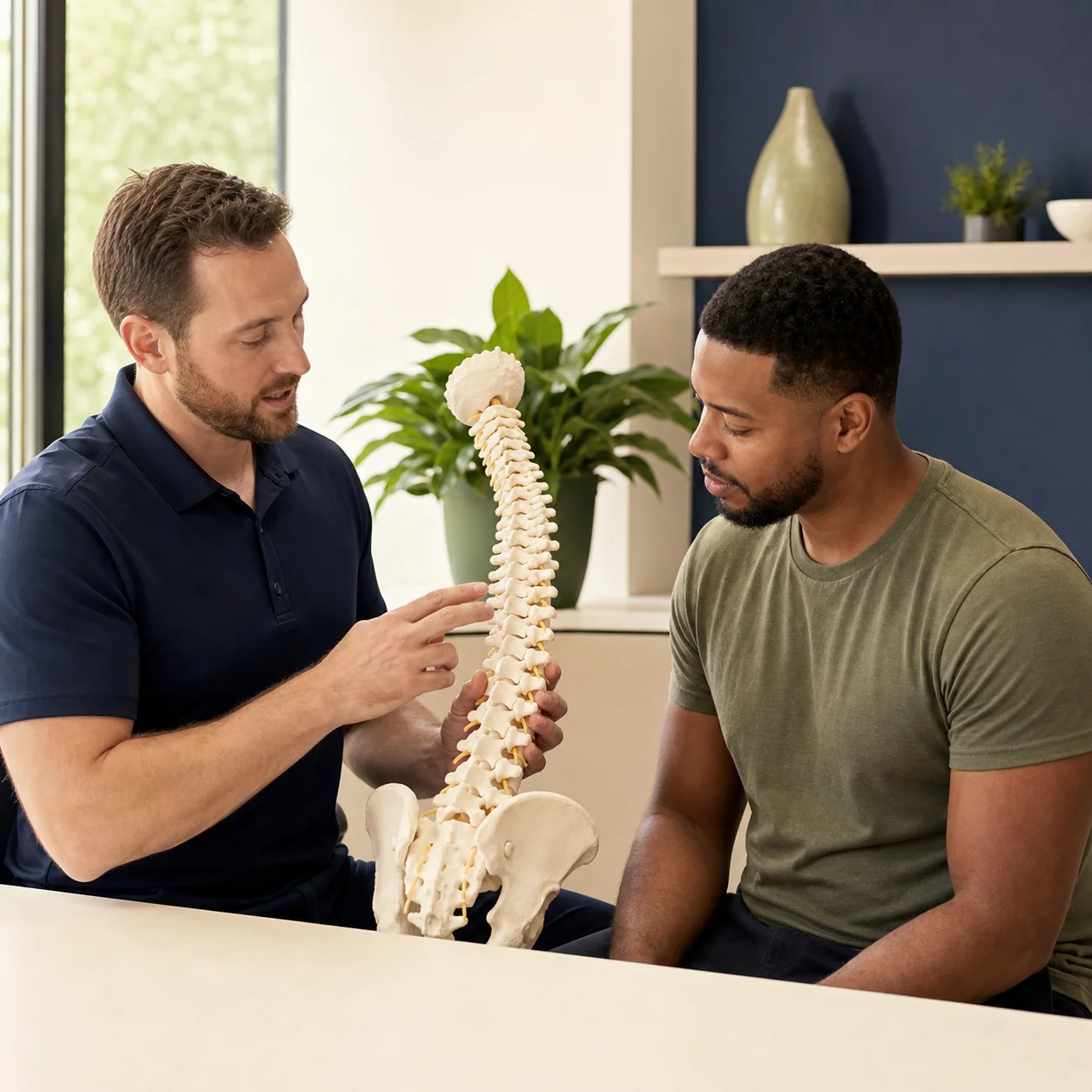Clinician pointing along an anatomical spine model during a seated consultation