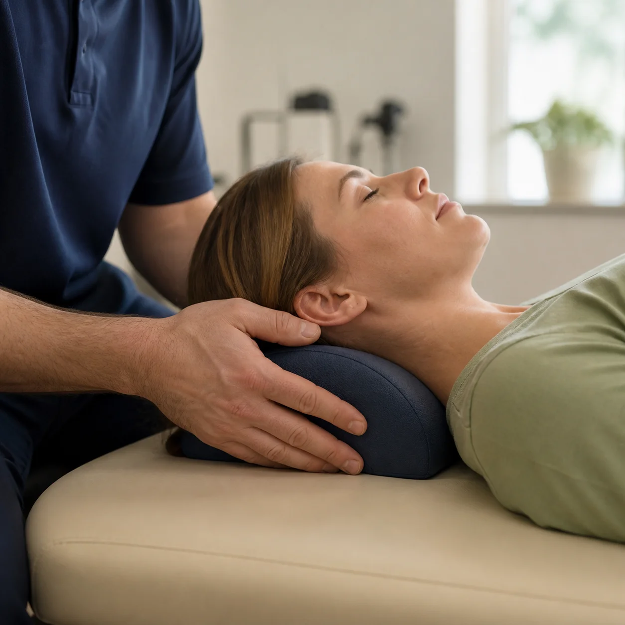 Clinician positioning a contoured support cushion under a patient’s neck on a treatment table