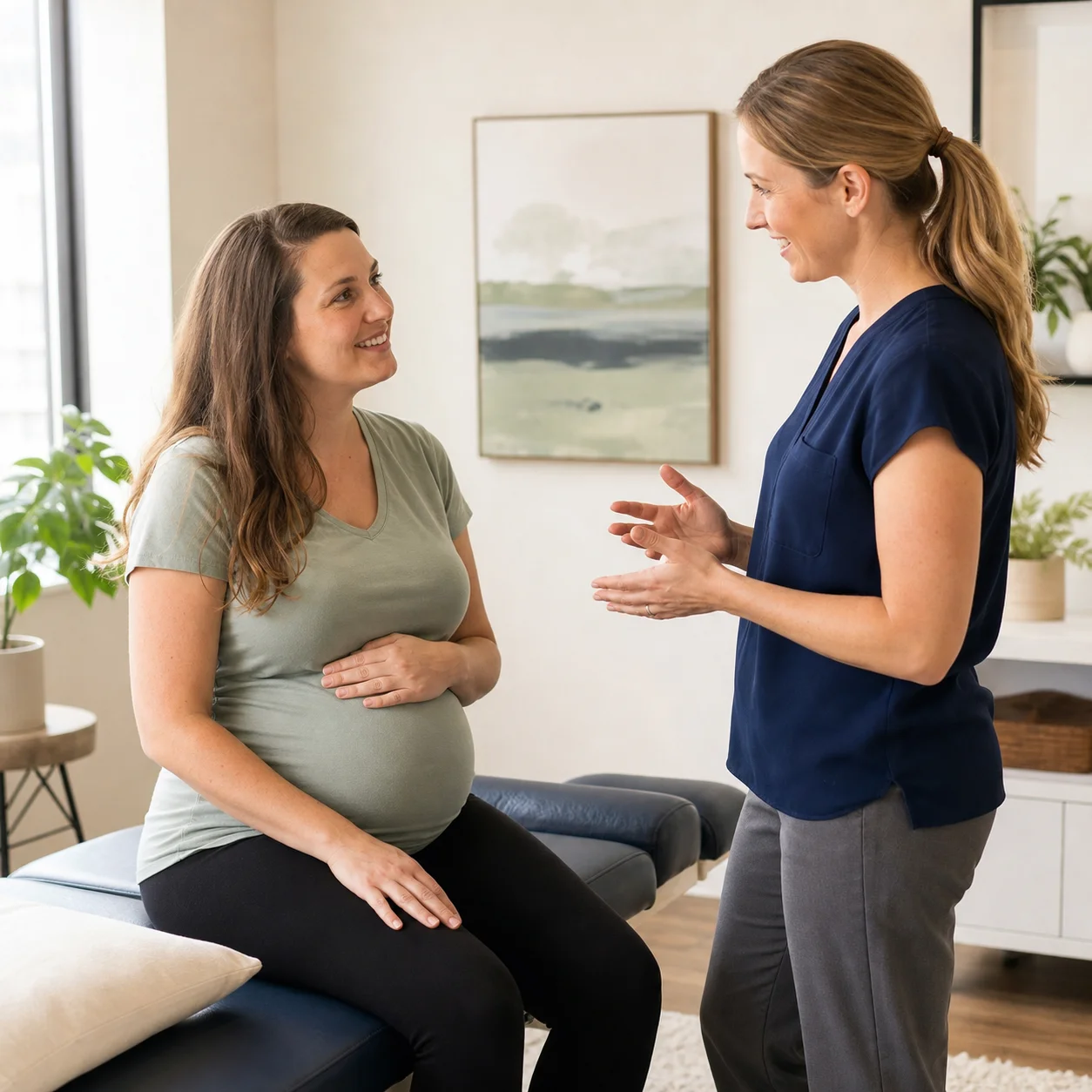 Expecting mother seated on a treatment table talking with a clinician in a bright room