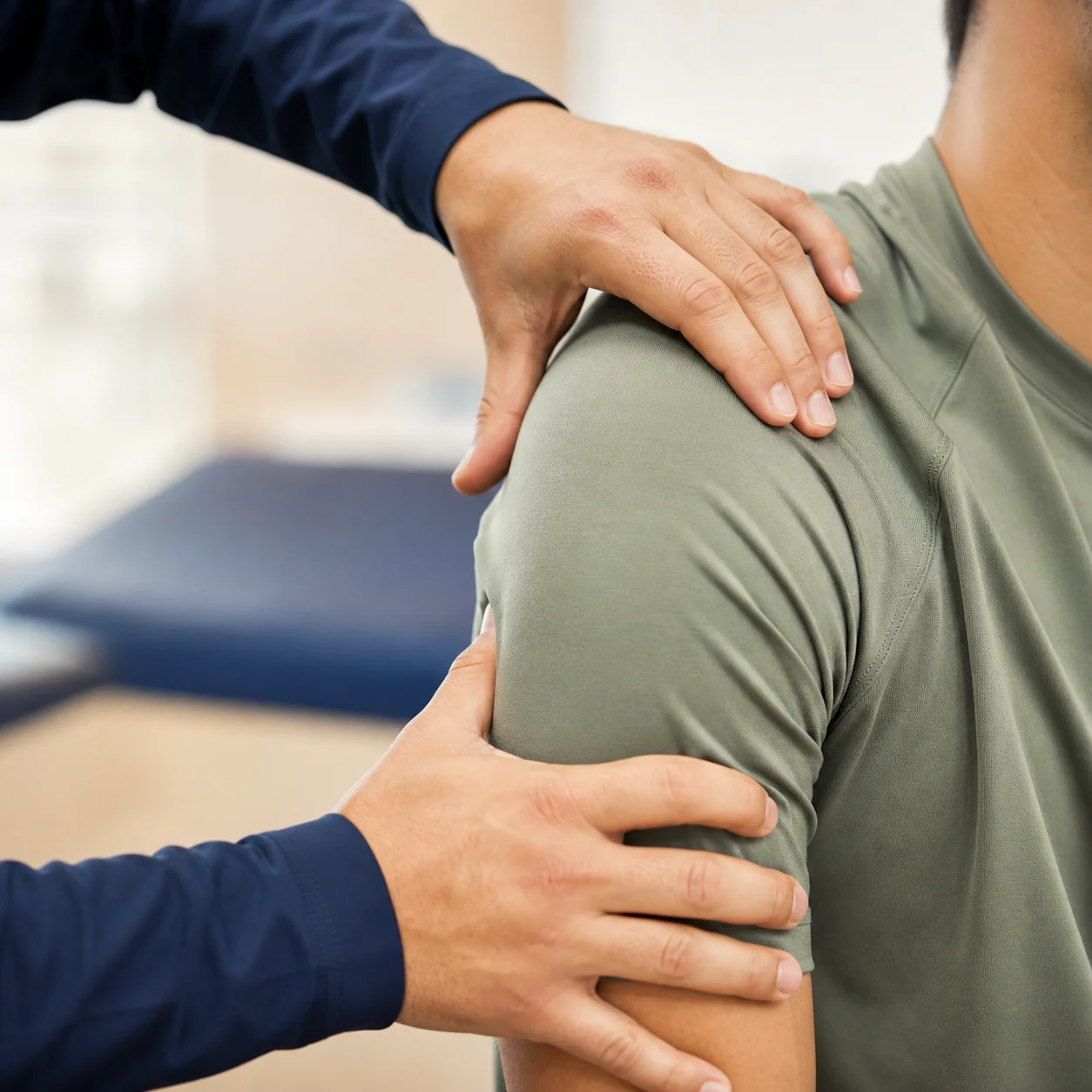 Close-up of a clinician’s hands assessing an athlete’s shoulder range of motion