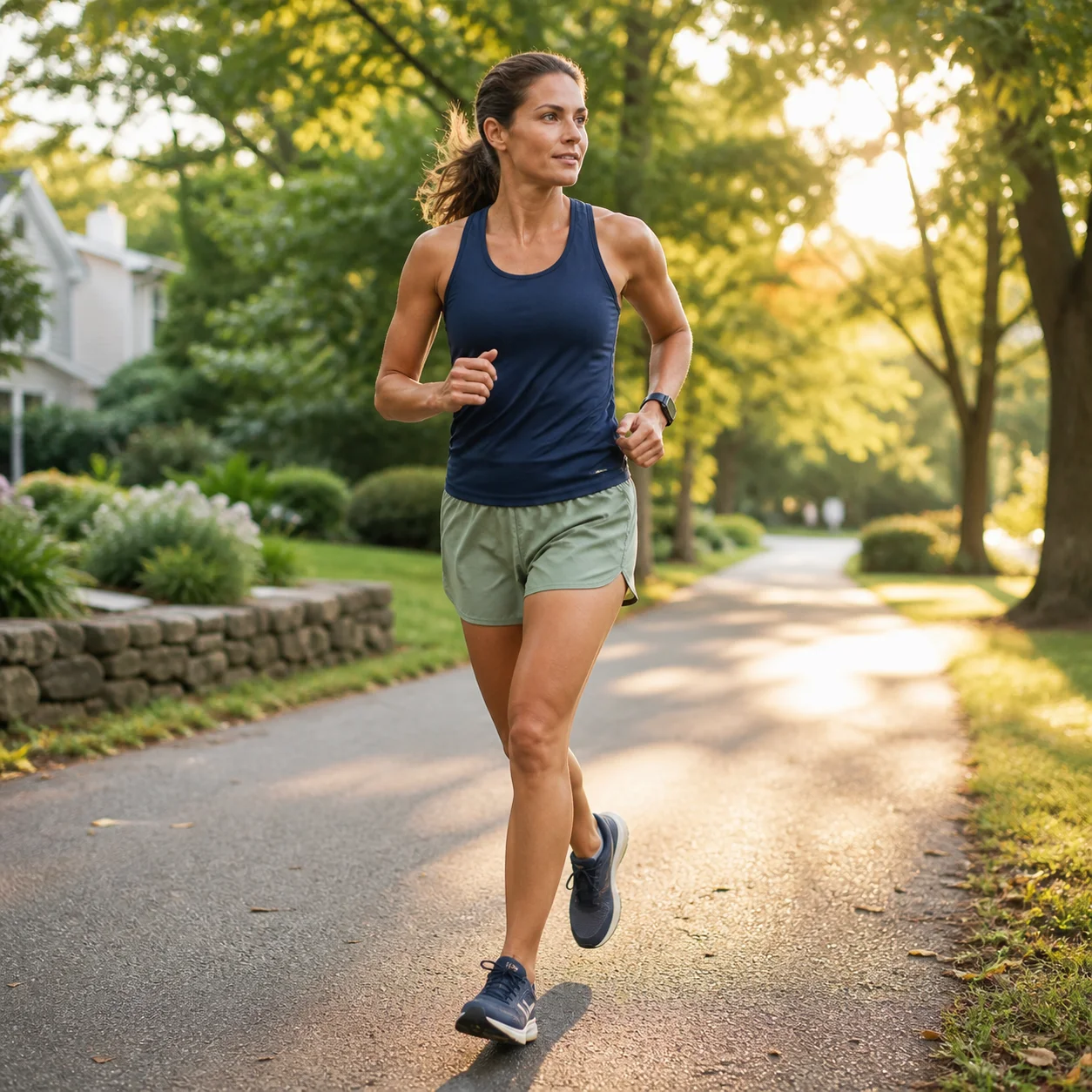Athletic woman jogging on a sunlit tree-lined trail