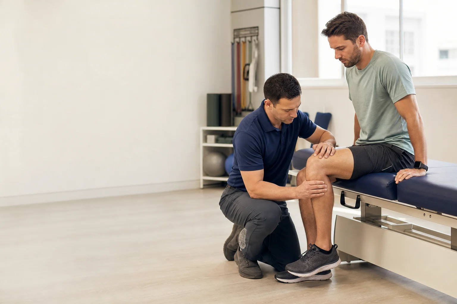 Clinician assessing the knee of an athlete seated on a treatment table